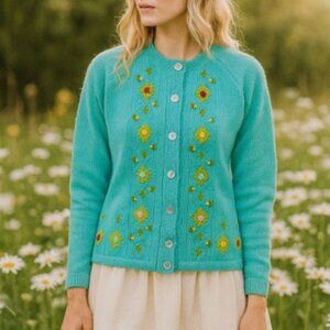 VTG Donovan Galvani Embroidered Cardigan Sweater Sz 38 M Aqua Blue Hong Kong